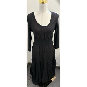 Inizio ONZ Linen Magic Dress Chore Pockets 3/4 Sleeve Black Midi XL Lagenlook